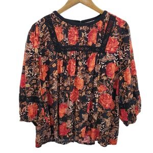 Maurices Womens XL Black Floral Lace Trim 3/4 Sleeve Boho Peasant Blouse